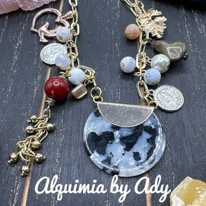 Alquimia Red and Gold Crescent Necklace with Charms